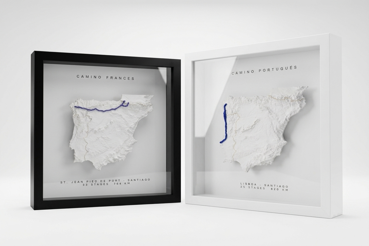 Mapa del Camino de Santiago en relieve 3D con marco negro y blanco