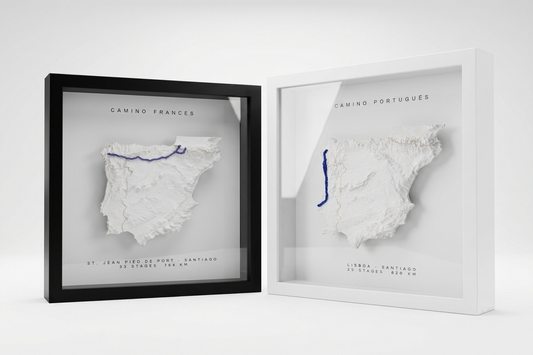 Mapa del Camino de Santiago en relieve 3D con marco negro y blanco